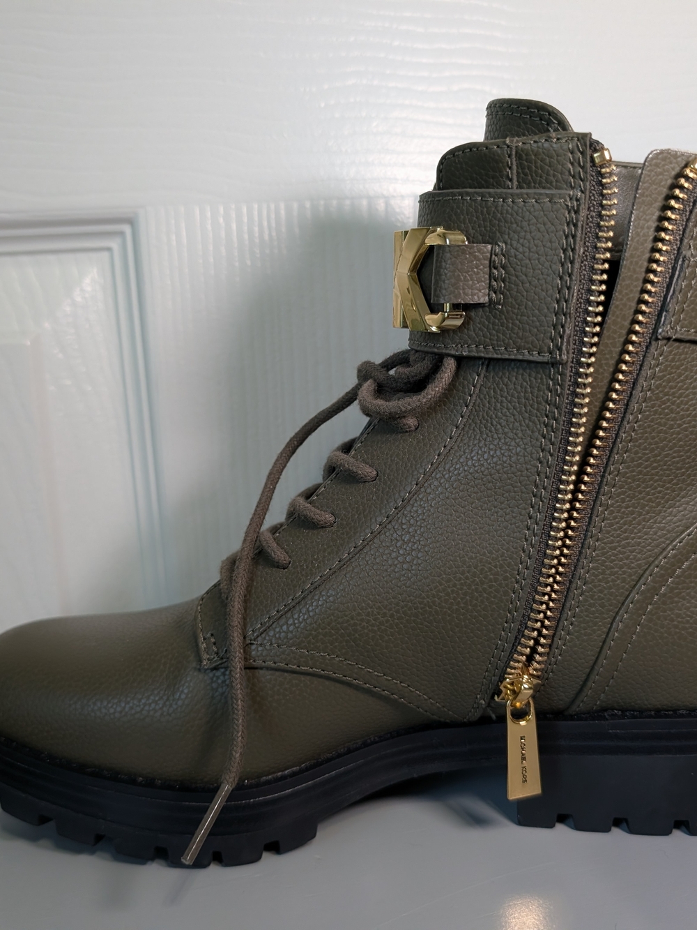Michael Kors Olive Green Combat Boots with Gold MK Accent - Picture 2 of 5